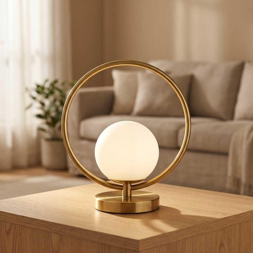 Orbella modern dimmable LED ring table lamp, contemporary home decor lighting, desk or bedroom lamp.