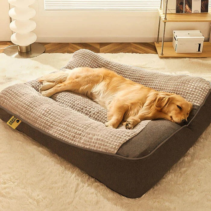 Durable & washable orthopedic dog bed, grey, with bolster for joint support. Perfect pet comfort for large & small dogs.