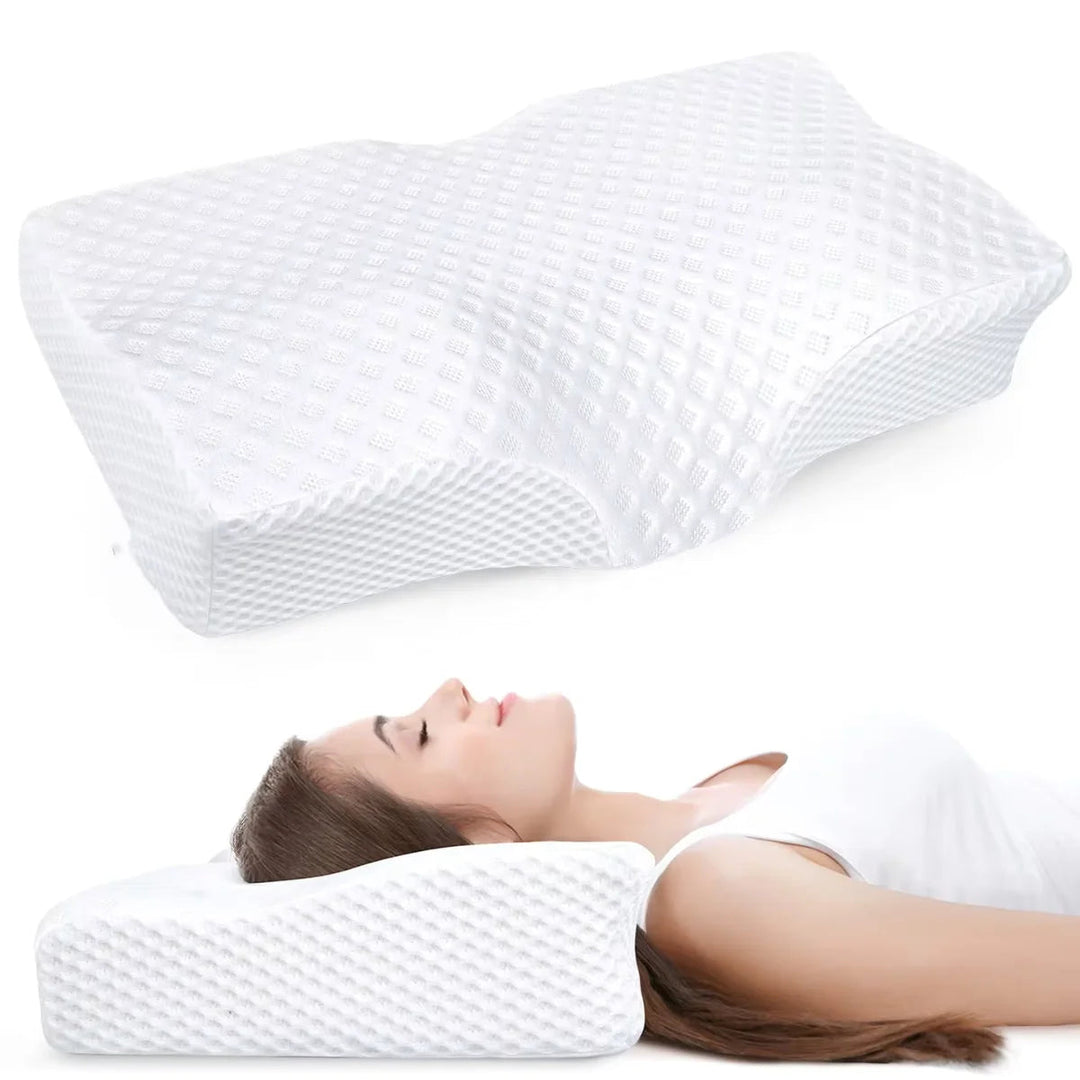 Ergonomic memory foam neck pillow designed for pain relief and comfortable, supportive sleep.