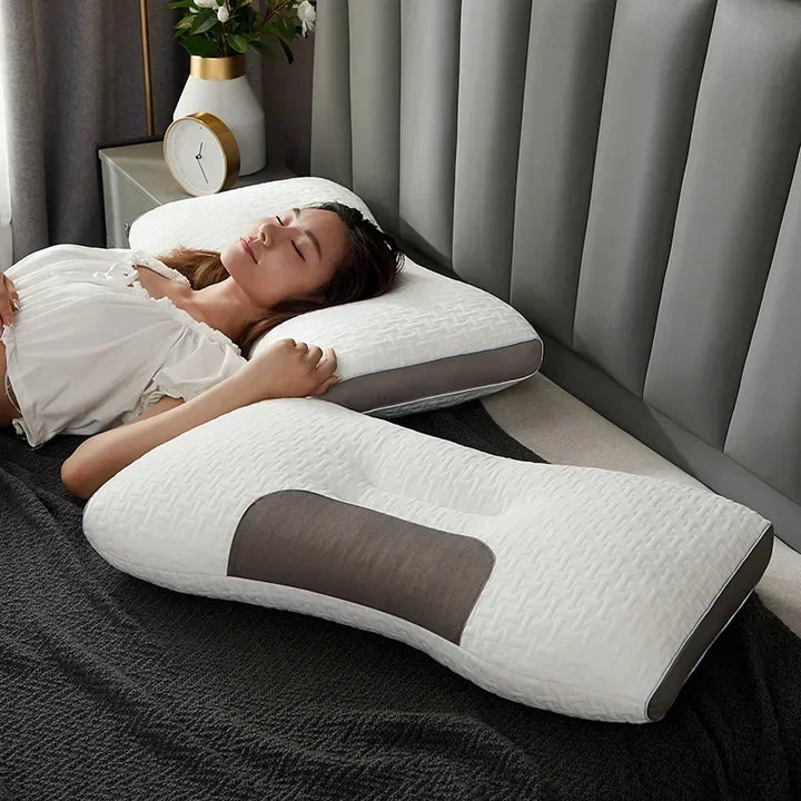 Contoured orthopedic pillow providing ergonomic neck and shoulder support, a sleep aid for tension relief.