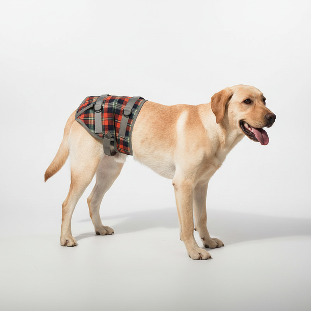 Elderly dog wearing PawRelief mobility support harness for joint support and comfortable movement