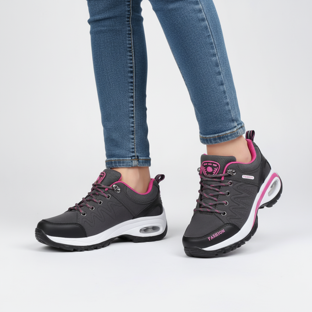 Comfortable women's orthopedic hiking shoe in heather grey, lightweight and supportive