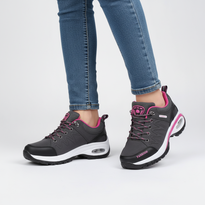 Comfortable women's orthopedic hiking shoe in heather grey, lightweight and supportive