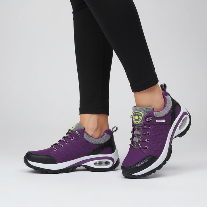 Close-up of breathable fabric on women's heather orthopedic hiking and walking shoe