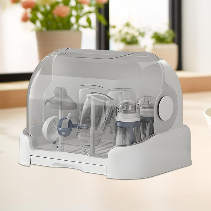 Orvian baby bottle drying rack & storage box with lid, cream, promoting hygiene & organization.