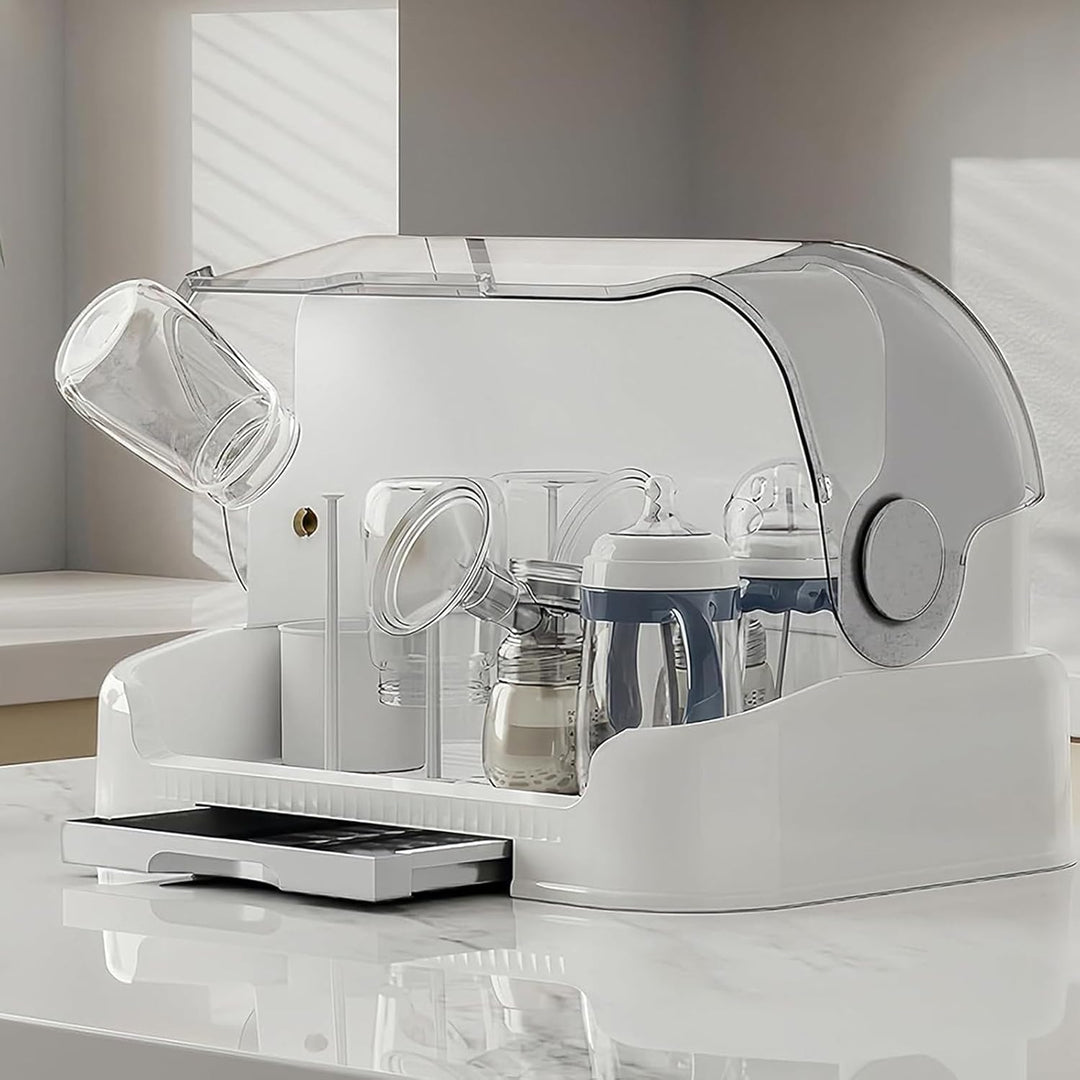 Orvian cream nursery organizer: baby bottle drying rack and storage solution with protective lid.