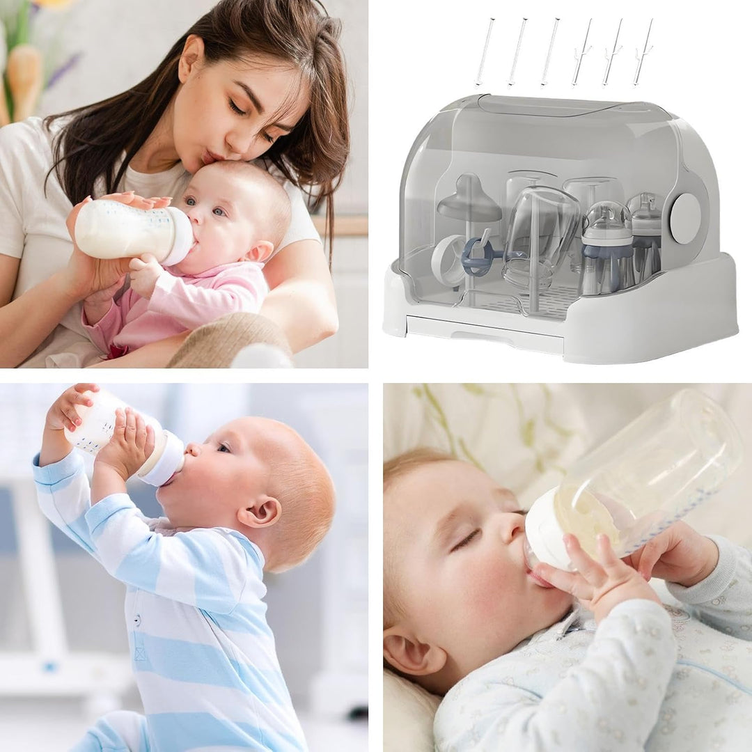 Close-up of Orvian baby bottle drying rack with pegs, storage box, and clear lid for baby care.