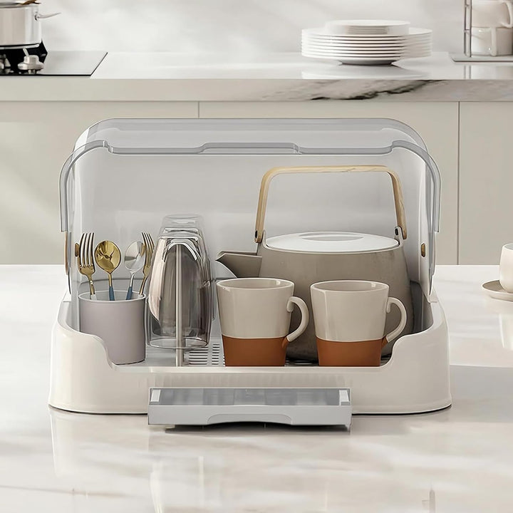 Baby bottle drying rack & storage box from Orvian, cream color, keeping feeding accessories sterile.