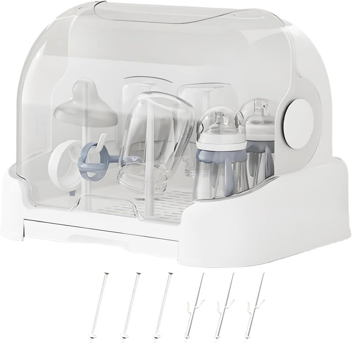 Complete view of Orvian cream baby bottle drying rack and storage box with lid, essential for hygiene.