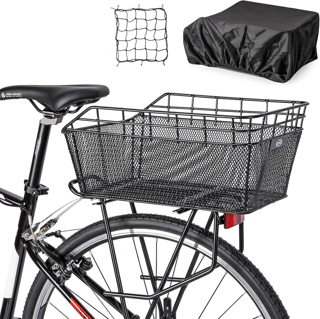 Orvian large rear bike basket with cargo net, ideal for shopping, commuting, and e-bikes