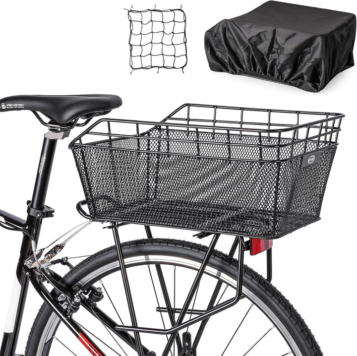 Orvian large rear bike basket with cargo net, ideal for shopping, commuting, and e-bikes