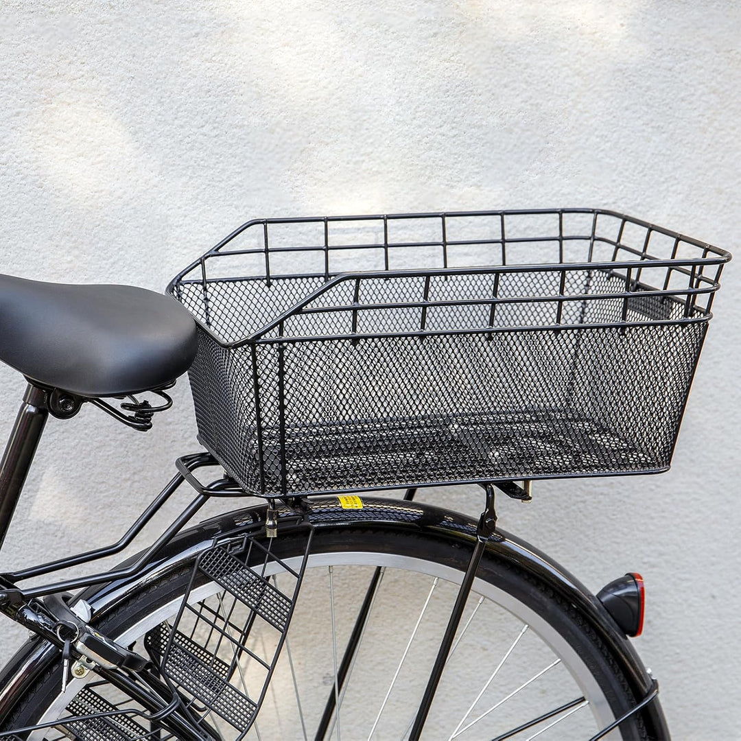 Large bicycle storage basket for rear rack, includes black cargo net and waterproof cover