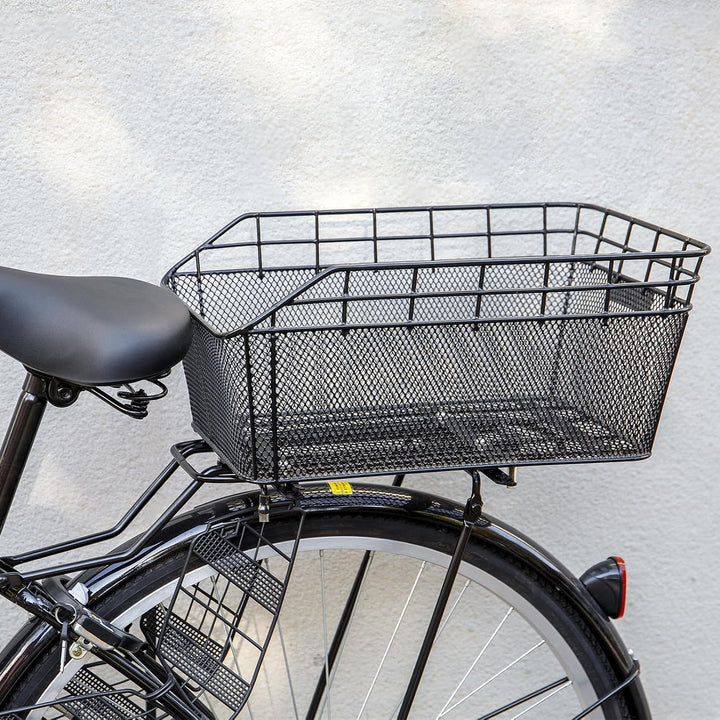 Large bicycle storage basket for rear rack, includes black cargo net and waterproof cover