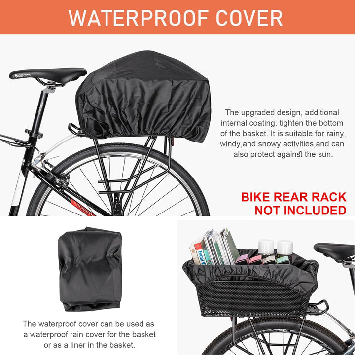 Orvian rear bike basket with heavy-duty construction, cargo net, and protective waterproof cover