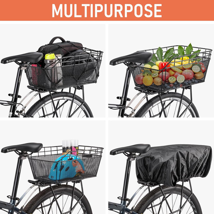 Cycling accessory: large rear bike basket with secure cargo net and rainproof cover for groceries