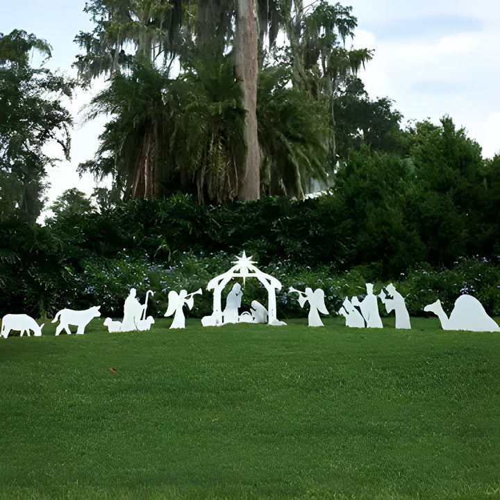 Religious Holy Night Nativity yard display, a beautiful outdoor Christian Christmas scene for festive decor.