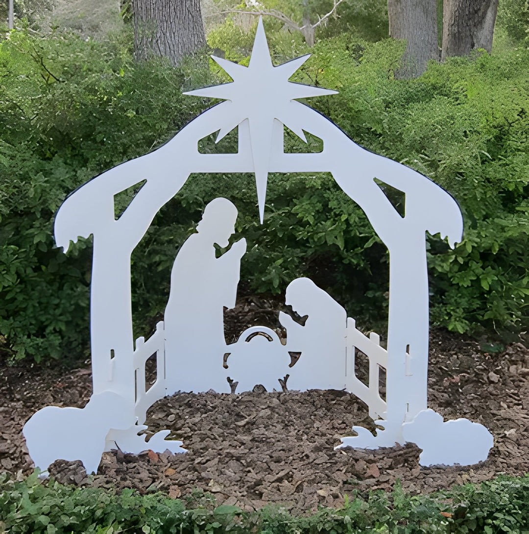 Outdoor Holy Night Nativity yard decor, festive Christian Christmas scene in durable PVC for holiday display.