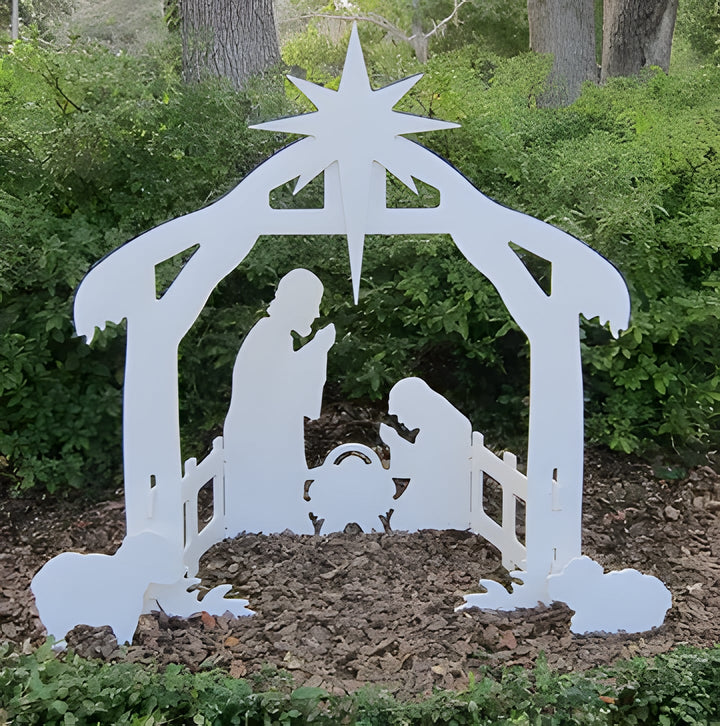 Outdoor Holy Night Nativity yard decor, festive Christian Christmas scene in durable PVC for holiday display.