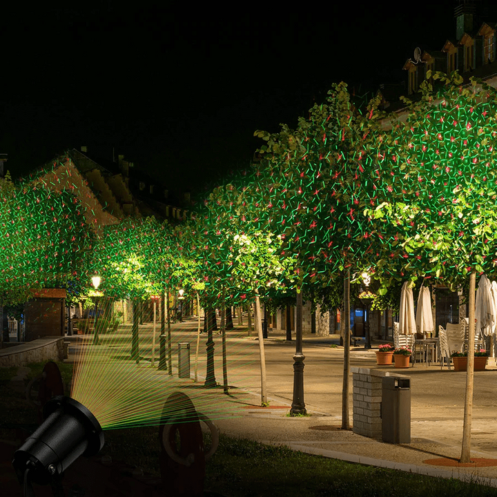 Easy-to-install outdoor laser projector transforming landscapes with stunning holiday lights.