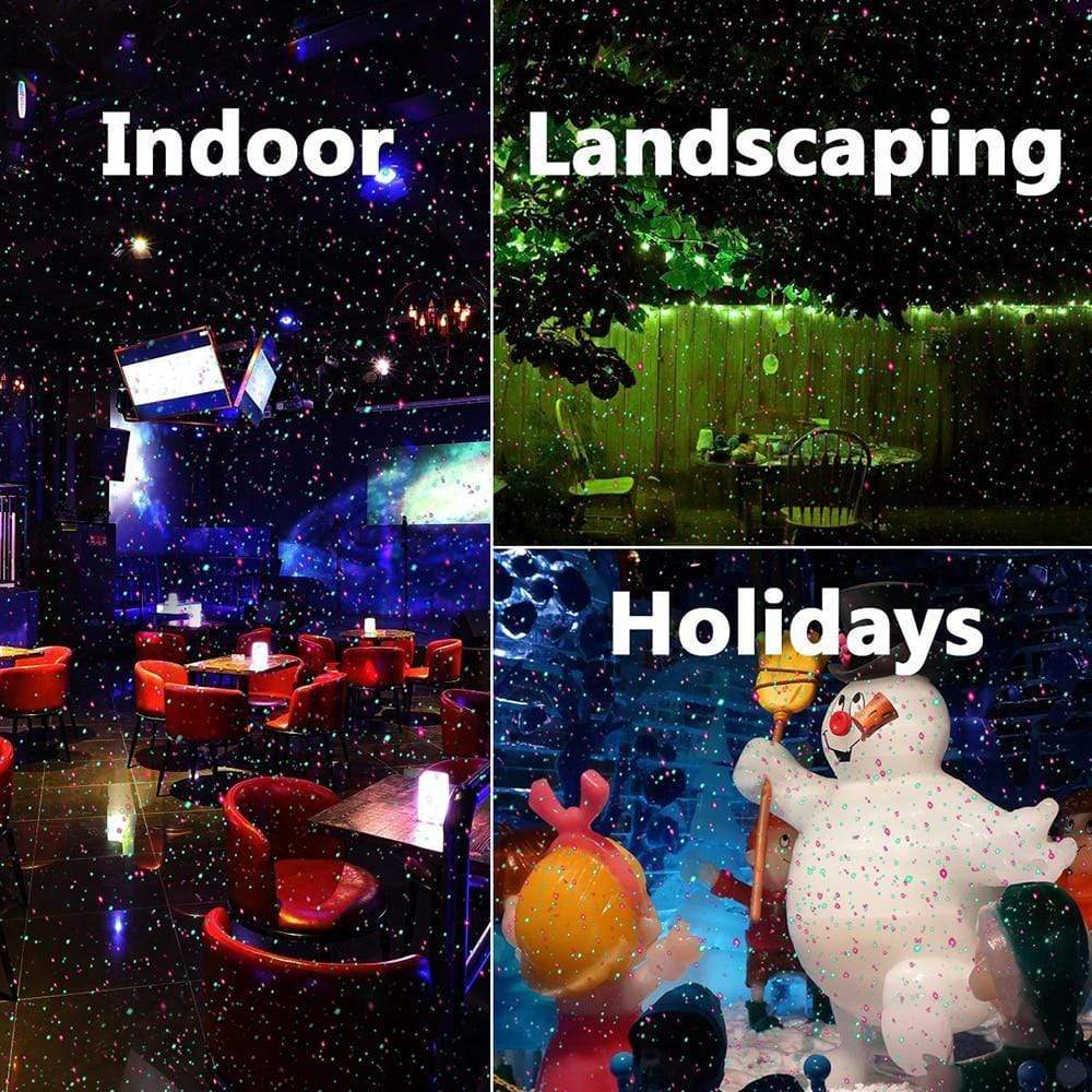 Powerful outdoor laser light projector casting brilliant Christmas lights & dazzling garden illumination.