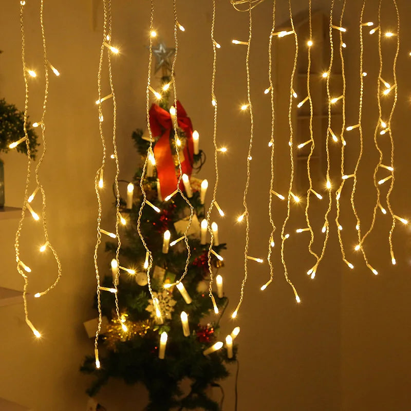 Sparkling outdoor icicle LED string lights creating a magical winter ambiance for holiday events.