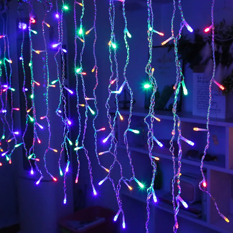 Close-up of bright LED icicle string lights, showcasing the unique frostglow effect for holiday decor.
