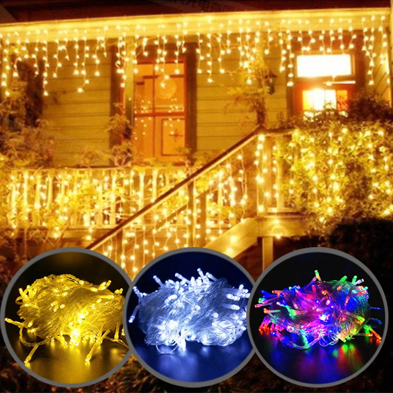 Energy-efficient LED icicle string lights for outdoor holiday & winter decor, saving power.