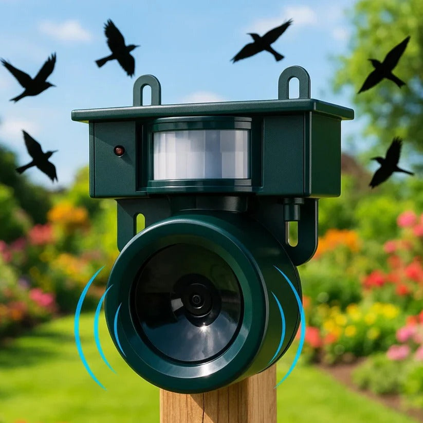 Outdoor motion sensor bird deterrent for pigeons & crows. Solar powered pest control for gardens.