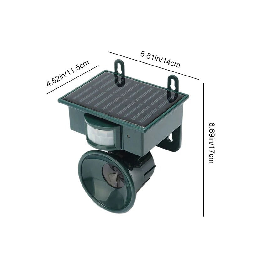 Visual of the bird deterrent: Outdoor motion sensor bird repeller. Solar charged, protects gardens from pigeons & crows.