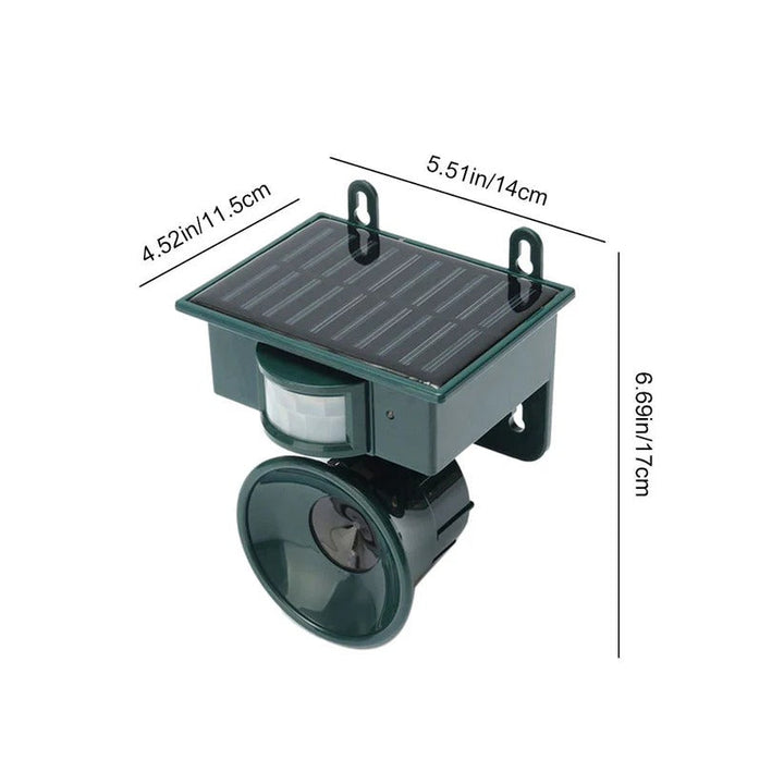 Visual of the bird deterrent: Outdoor motion sensor bird repeller. Solar charged, protects gardens from pigeons & crows.