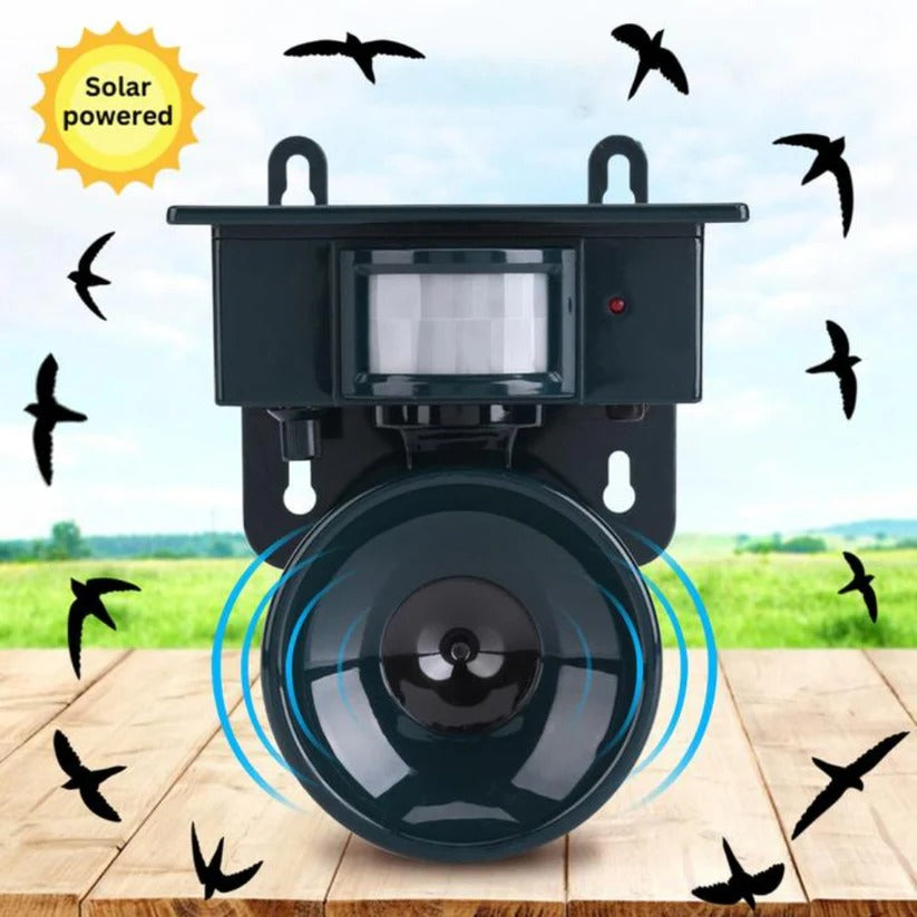 Compact outdoor motion sensor bird deterrent. Solar powered & effective against pigeons & crows.