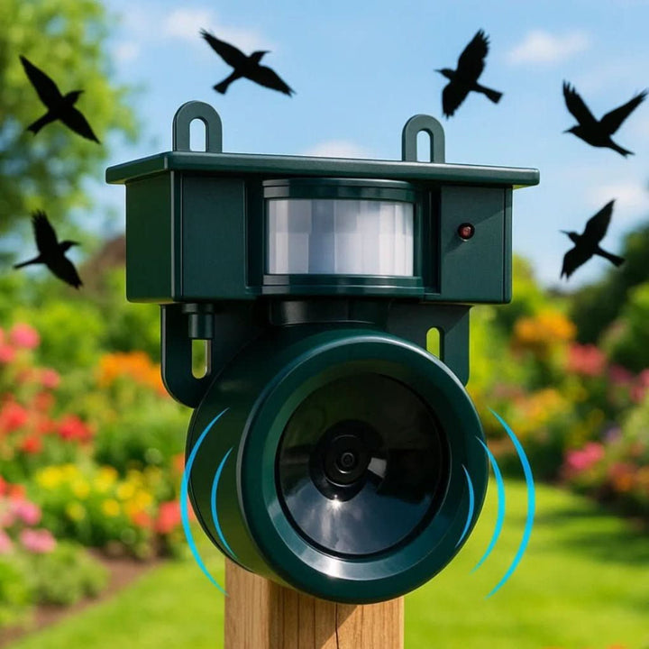 Outdoor motion sensor bird deterrent with solar power for humane yard & garden pest control.