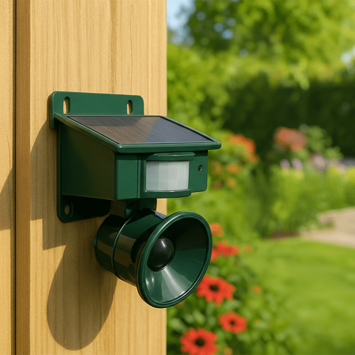 Motion sensor bird deterrent protecting garden plants and crops from pests in the yard.