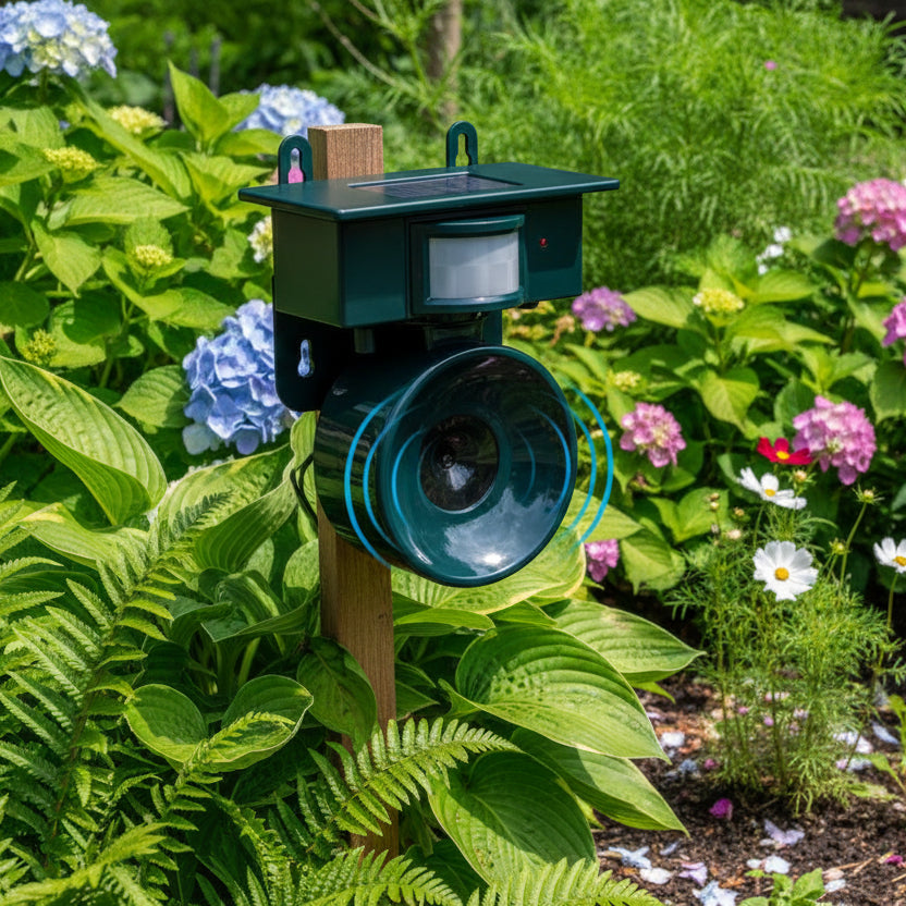 Solar powered, weather resistant bird deterrent with motion sensor for automatic outdoor protection.