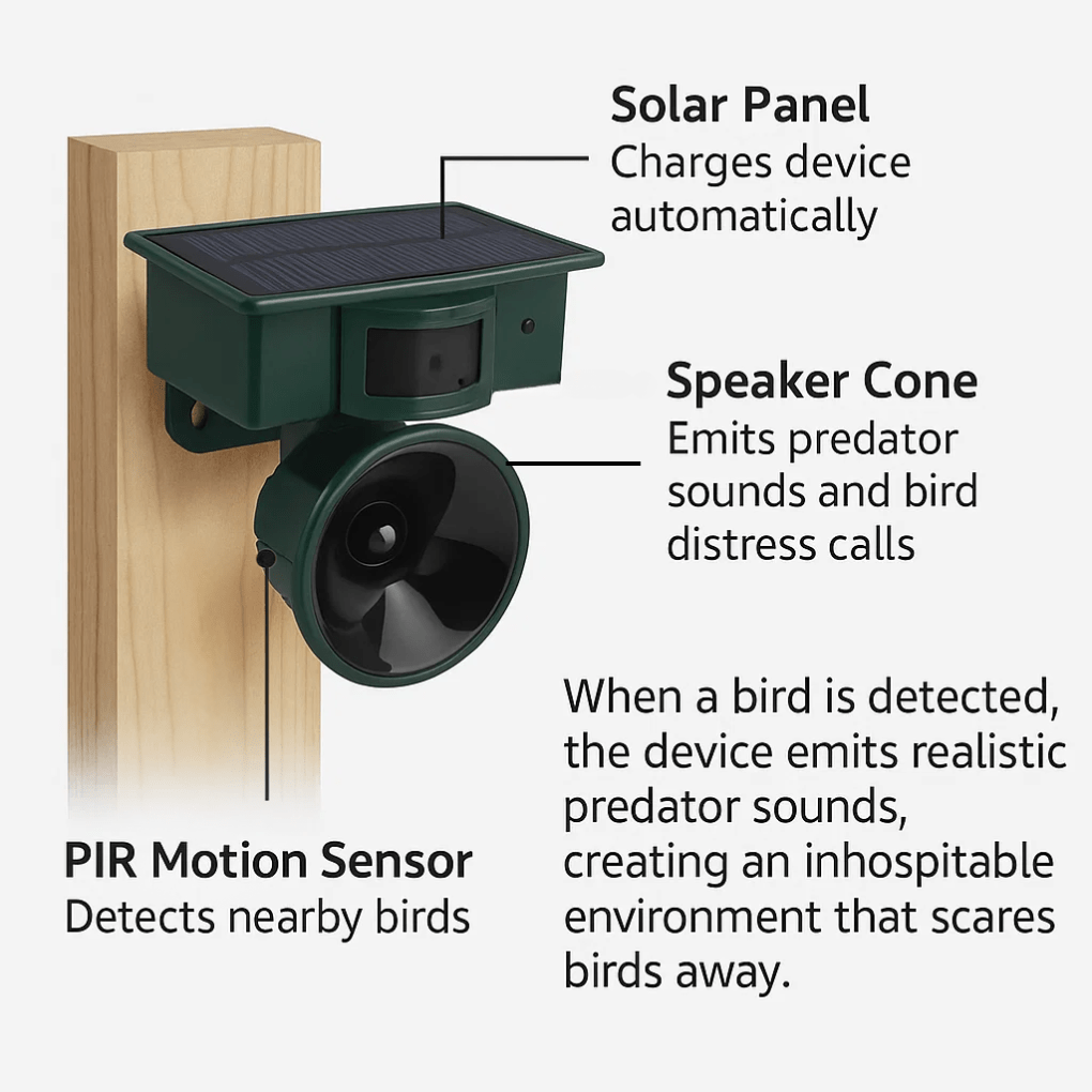 Humane motion sensor bird repeller for effective wildlife management & garden defense.