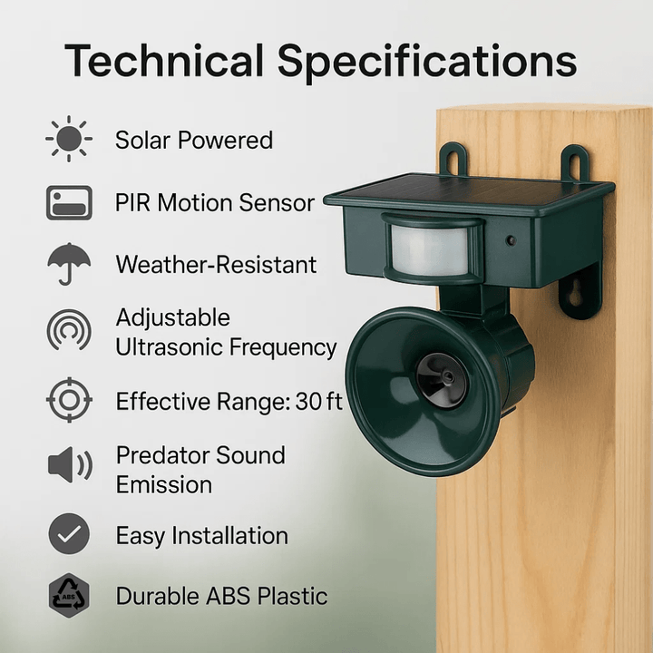 Automatic sonic bird repeller with motion sensor for hands-free outdoor pest control.