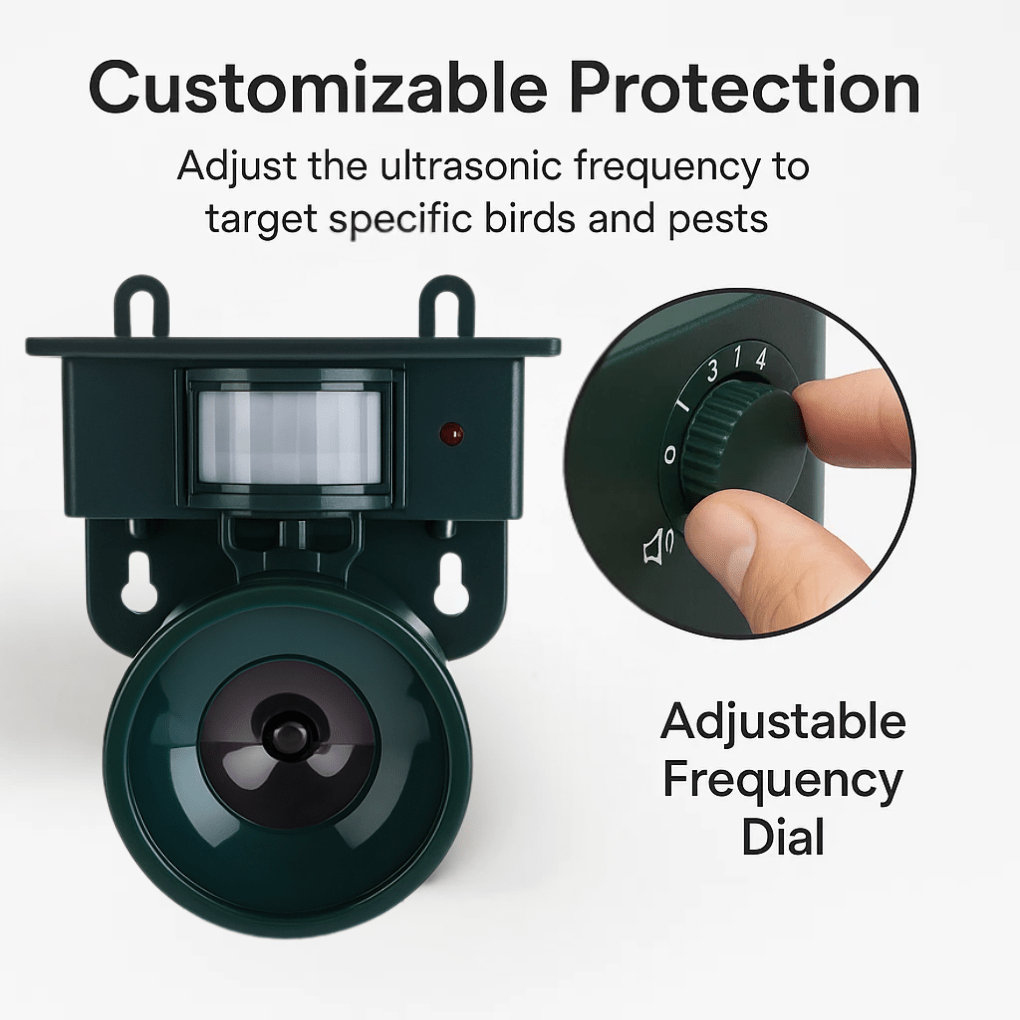 Motion sensor bird deterrent placed in a garden bed, safeguarding plants from birds.