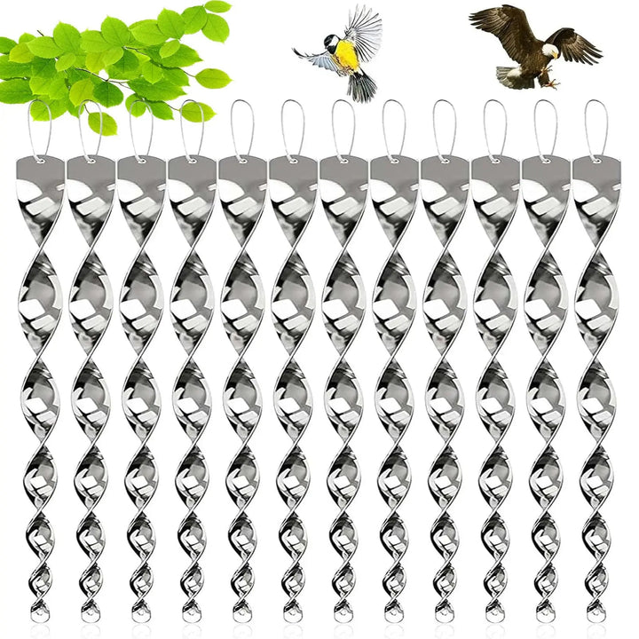 Outdoor reflective spiral bird deterrent rods, effectively protecting gardens and crops from birds.