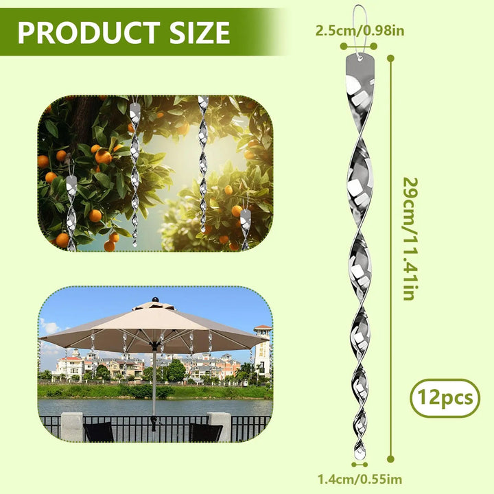 Humane reflective bird repellent spirals for garden pest control. An anti-bird accessory for outdoor protection.