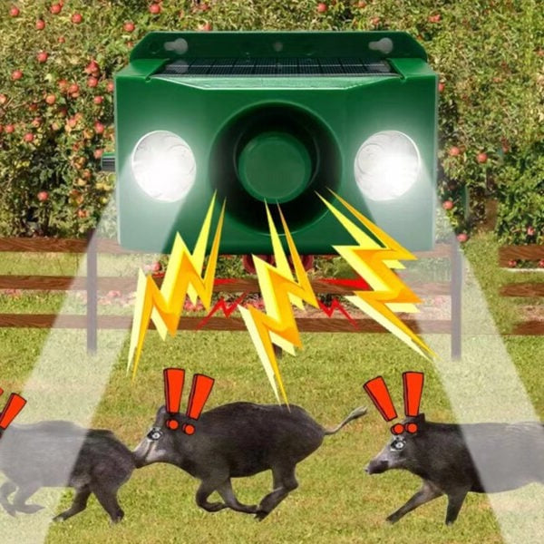 Outdoor solar animal repellent light with high-volume alarm for garden and yard protection.