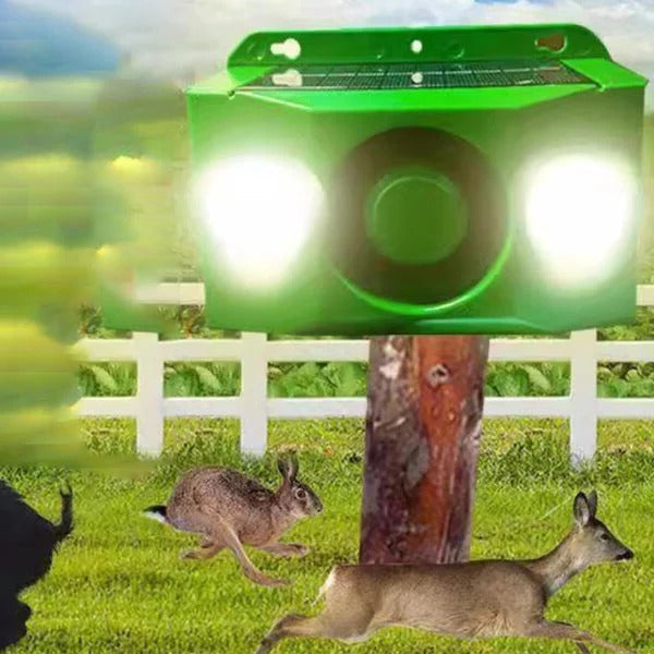 Solar-powered animal deterrent light for outdoor pest control, featuring high-volume alarm & flashing light.