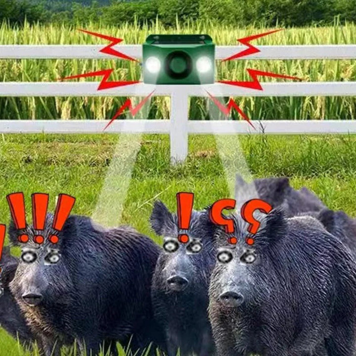 Wireless solar animal deterrent with high-volume alarm & flashing light for outdoor security.