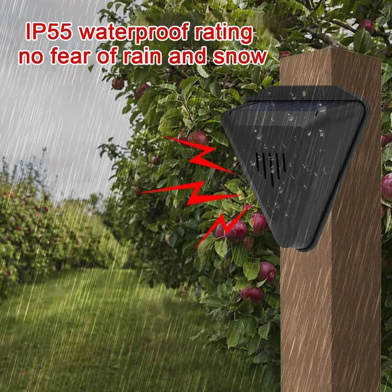 Solar powered pest deterrent, repelling birds, squirrels, & raccoons from gardens, patios, & yards humanely.