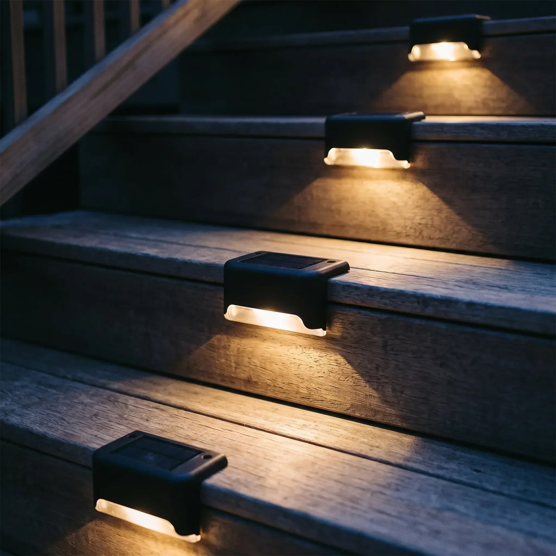 Outdoor solar deck lights, perfect for safe pathways, steps, and garden ambiance. LED & waterproof.