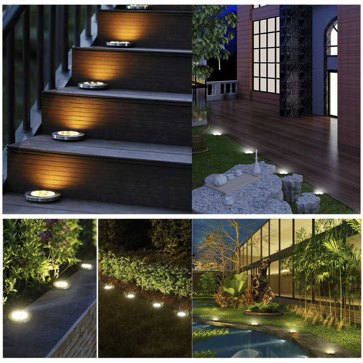 Bright solar ground lights, wireless LED garden path lighting for outdoor landscape decor, easy installation.