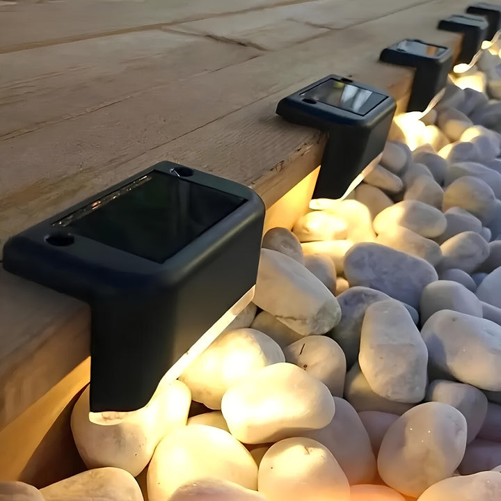 Angled shot of a SoliStep Solar Step Light, emphasizing its compact durable design for outdoor use