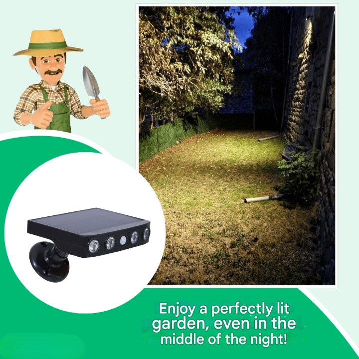 Detailed image of the solar panel & motion sensor on an outdoor wall-mounted LED light