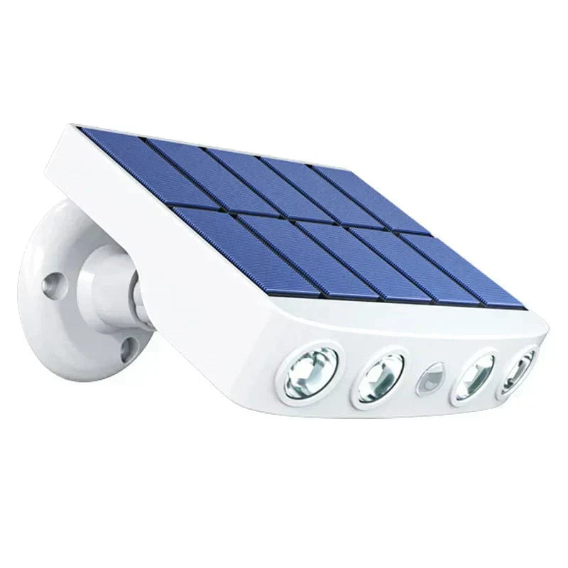 View of a solar garden light with motion sensor, mounted on a brick wall, energy efficient