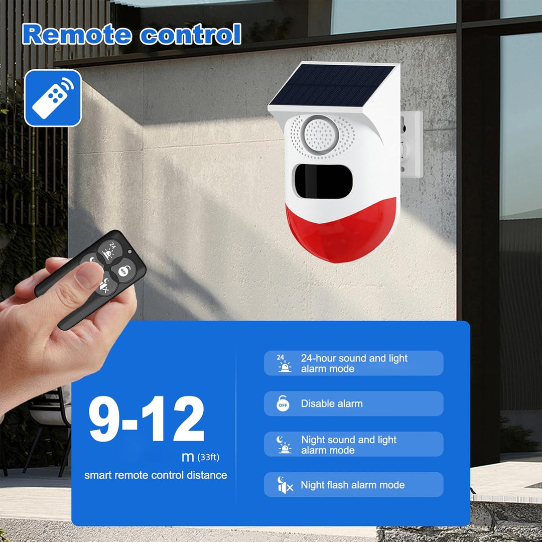 Wireless solar motion sensor alarm, IP65 weatherproof, with strobe & siren for perimeter security.