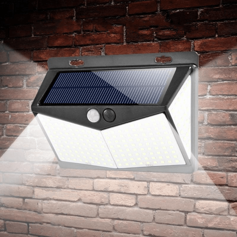 Outdoor solar motion sensor light for home security, bright LED floodlight, energy-efficient.